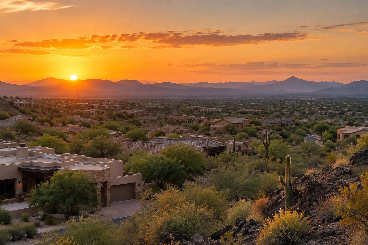 A Scottsdale Arizona desert community at sunset, illustrative