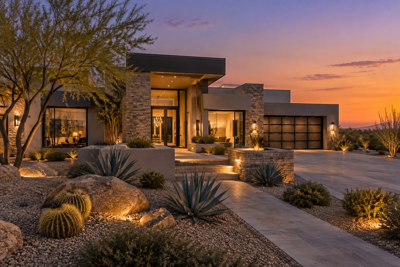 An elegant Scottsdale Arizona home exterior at dusk, illustrative